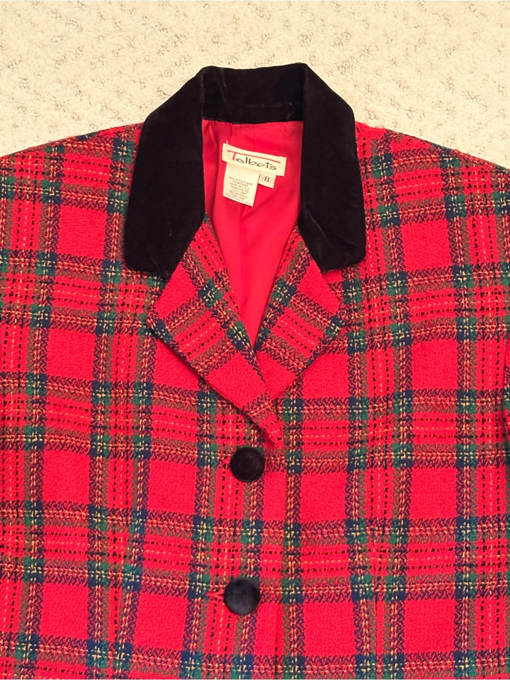 Vintage Talbots Red Plaid Tartan Wool Blazer Jacket Size 8 Black Velvet Collar - Picture 6 of 11